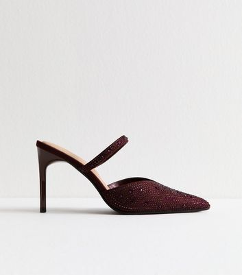 Burgundy Embellished Slip On Pointed Toe Court Shoes