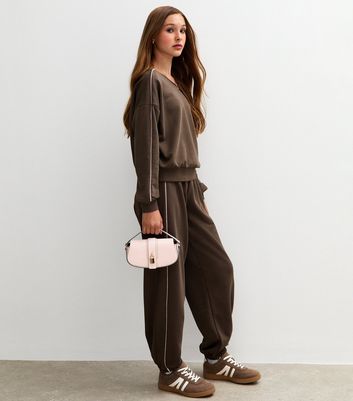 Girls Dark Brown Contrast Trim Cuffed Joggers