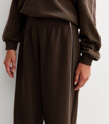 Girls Dark Brown Contrast Trim Cuffed Joggers