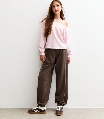 Girls Dark Brown Contrast Trim Cuffed Joggers 6 Girls Dark Brown Contrast Trim Cuffed Joggers