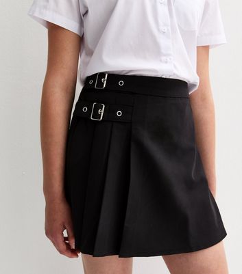 Girls Black Buckle Trim School Skort