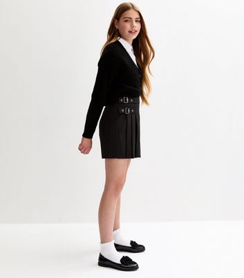Girls Black Buckle Trim School Skort