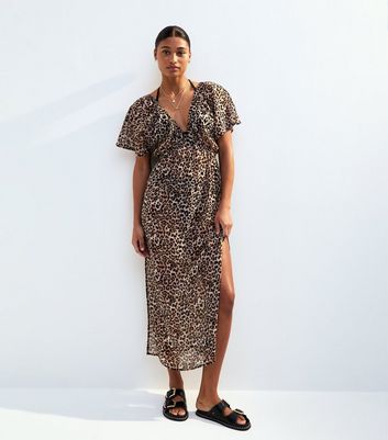 Brown Leopard Print Short Sleeve Beach Maxi Dress
