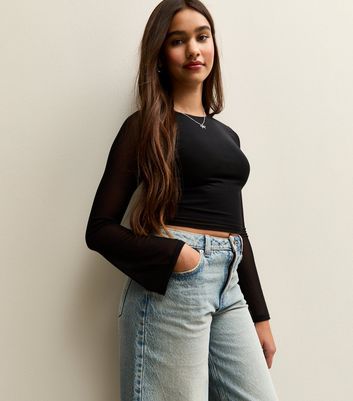 Girls Black Long Sleeve Mesh Flutter Sleeve Top