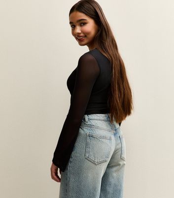 Girls Black Long Sleeve Mesh Flutter Sleeve Top