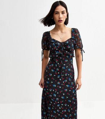 Black Berry Print Chiffon Tie Trim Midi Dress
