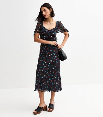 Black Berry Print Chiffon Tie Trim Midi Dress