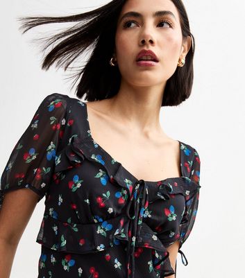 Black Berry Print Chiffon Tie Trim Midi Dress