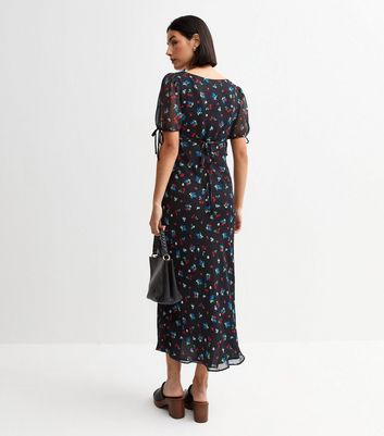 Black Berry Print Chiffon Tie Trim Midi Dress