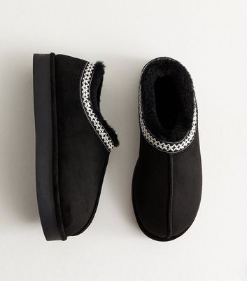 Black Faux Suede Cross Stitched Faux Fur Lined Slipper Boots