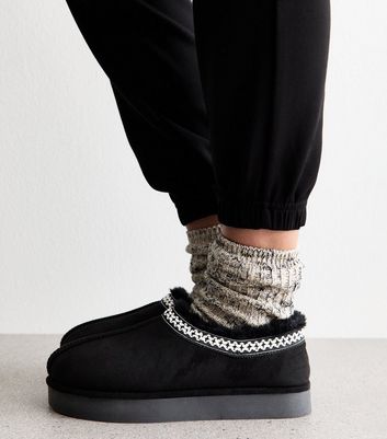 Black Faux Suede Cross Stitched Faux Fur Lined Slipper Boots