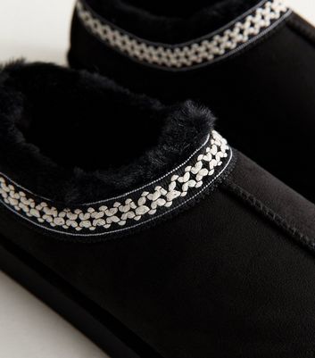Black Faux Suede Cross Stitched Faux Fur Lined Slipper Boots
