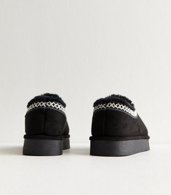 Black Faux Suede Cross Stitched Faux Fur Lined Slipper Boots