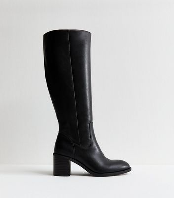 Black Faux Leather Block Heel Boots