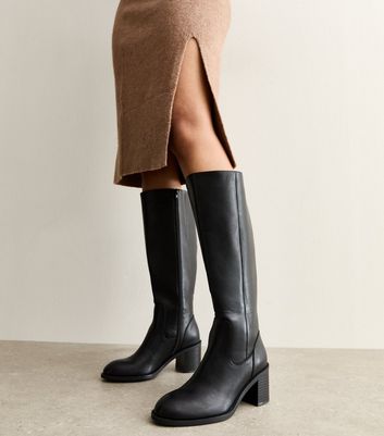 Black Faux Leather Block Heel Boots