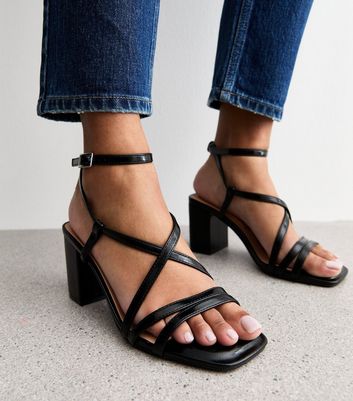 Black Faux Leather Block Heel Multi Strap Sandals