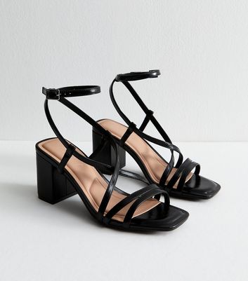 Black Faux Leather Block Heel Multi Strap Sandals