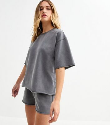 Dark Grey Acid Wash Look Sweat T-Shirt