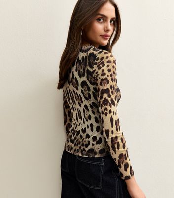 Brown Leopard Print Twist Neck Mesh Jersey Top 4 Brown Leopard Print Twist Neck Mesh Jersey Top