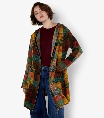 Apricot Brown Checked Longline Hooded Cardigan