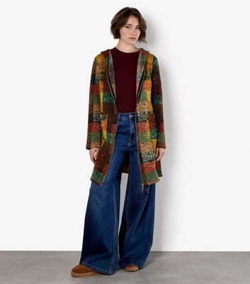 Apricot Brown Checked Longline Hooded Cardigan