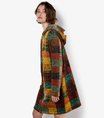 Apricot Brown Checked Longline Hooded Cardigan