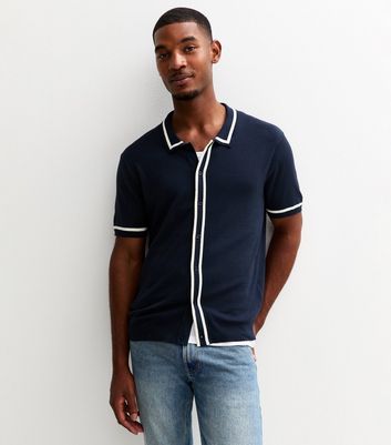 Dark Blue Regular Fit Contrast Trim Stripe Placket Shirt