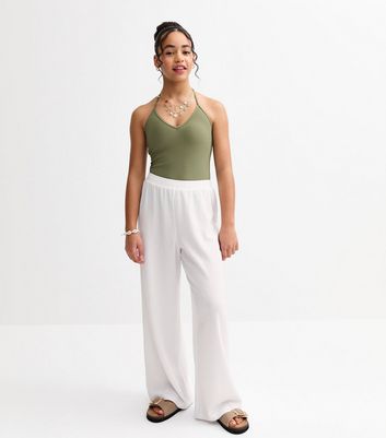 Girls White Crinkle Texture Wide Leg Beach Trousers