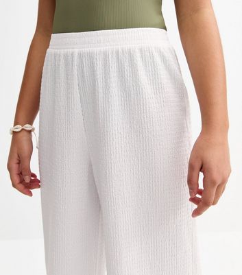 Girls White Crinkle Texture Wide Leg Beach Trousers