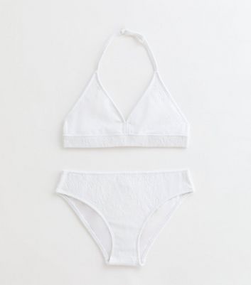 Girls White Textured Triangle Bikini Set