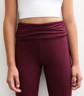 Girls Dark Burgundy Folded Waist Flared Jersey Leggings