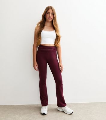 Girls Dark Burgundy Folded Waist Flared Jersey Leggings 3 Girls Dark Burgundy Folded Waist Flared Jersey Leggings