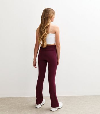 Girls Dark Burgundy Folded Waist Flared Jersey Leggings 4 Girls Dark Burgundy Folded Waist Flared Jersey Leggings