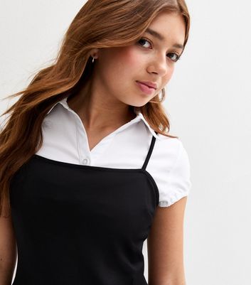 Girls Black Square Neck Full Skirt School Dress