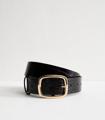 Black Faux Leather Crocodile Embossed Belt