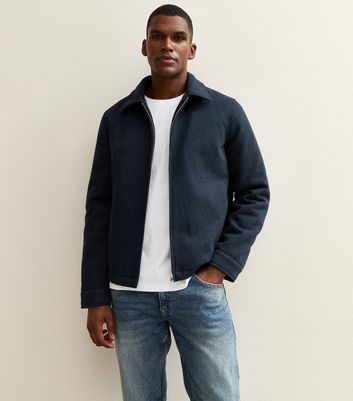 Blue Relaxed Quilted Herringbone Zip Up Jacket