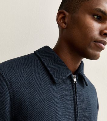 Blue Relaxed Quilted Herringbone Zip Up Jacket