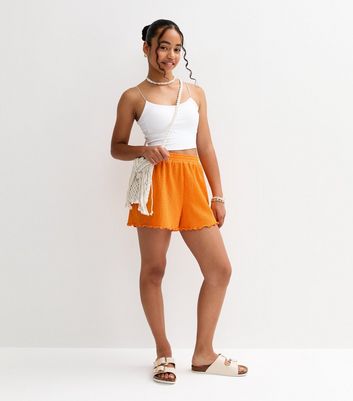 Girls Light Coral Crinkle Texture Lettuce Trim Shorts 3 Girls Light Coral Crinkle Texture Lettuce Trim Shorts