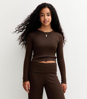 Girls Brown Soft Touch Crew Neck Top