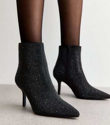Black Diamante Embellished Point Toe Boots