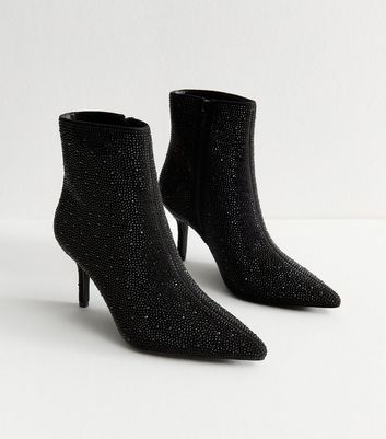 Black Diamante Embellished Point Toe Boots
