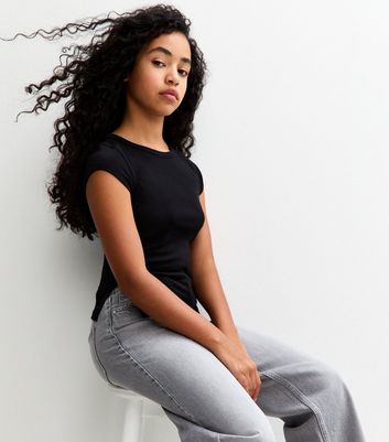 Girls Black Split Side Ruched Cap Sleeve Top