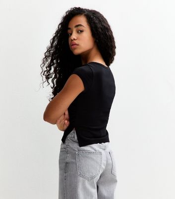 Girls Black Split Side Ruched Cap Sleeve Top 4 Girls Black Split Side Ruched Cap Sleeve Top