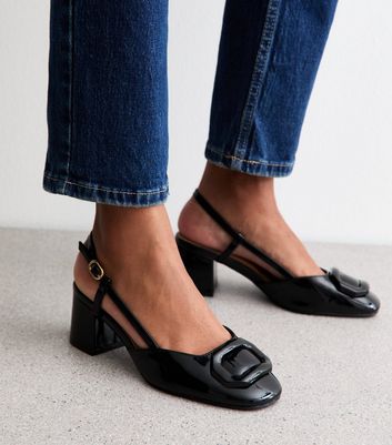 Black Buckle Front Slingback Sandals