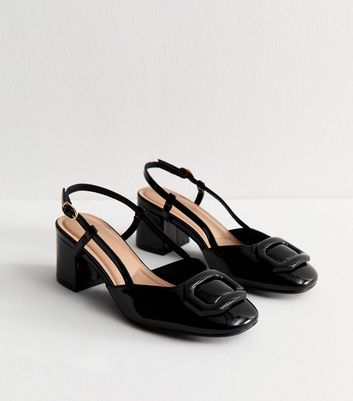 Black Buckle Front Slingback Sandals