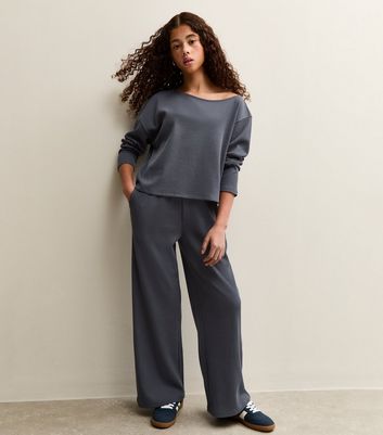 Girls Blue Waffle Wide Leg Trousers