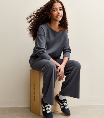 Girls Blue Waffle Wide Leg Trousers