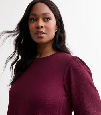 Curves Burgundy Crinkle Long Sleeve Mini Smock Dress