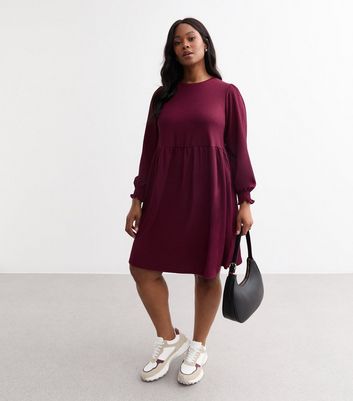 Curves Burgundy Crinkle Long Sleeve Mini Smock Dress