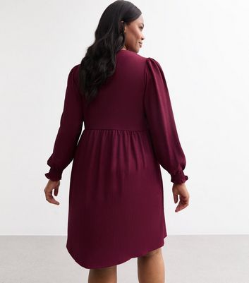 Curves Burgundy Crinkle Long Sleeve Mini Smock Dress